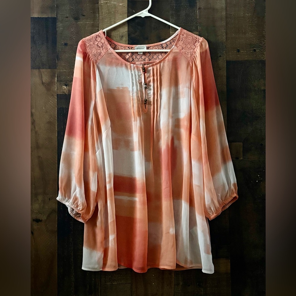Women’s Sz 22/24 Avenue Coral and Cream Tie-Dye Peasant Tunic New